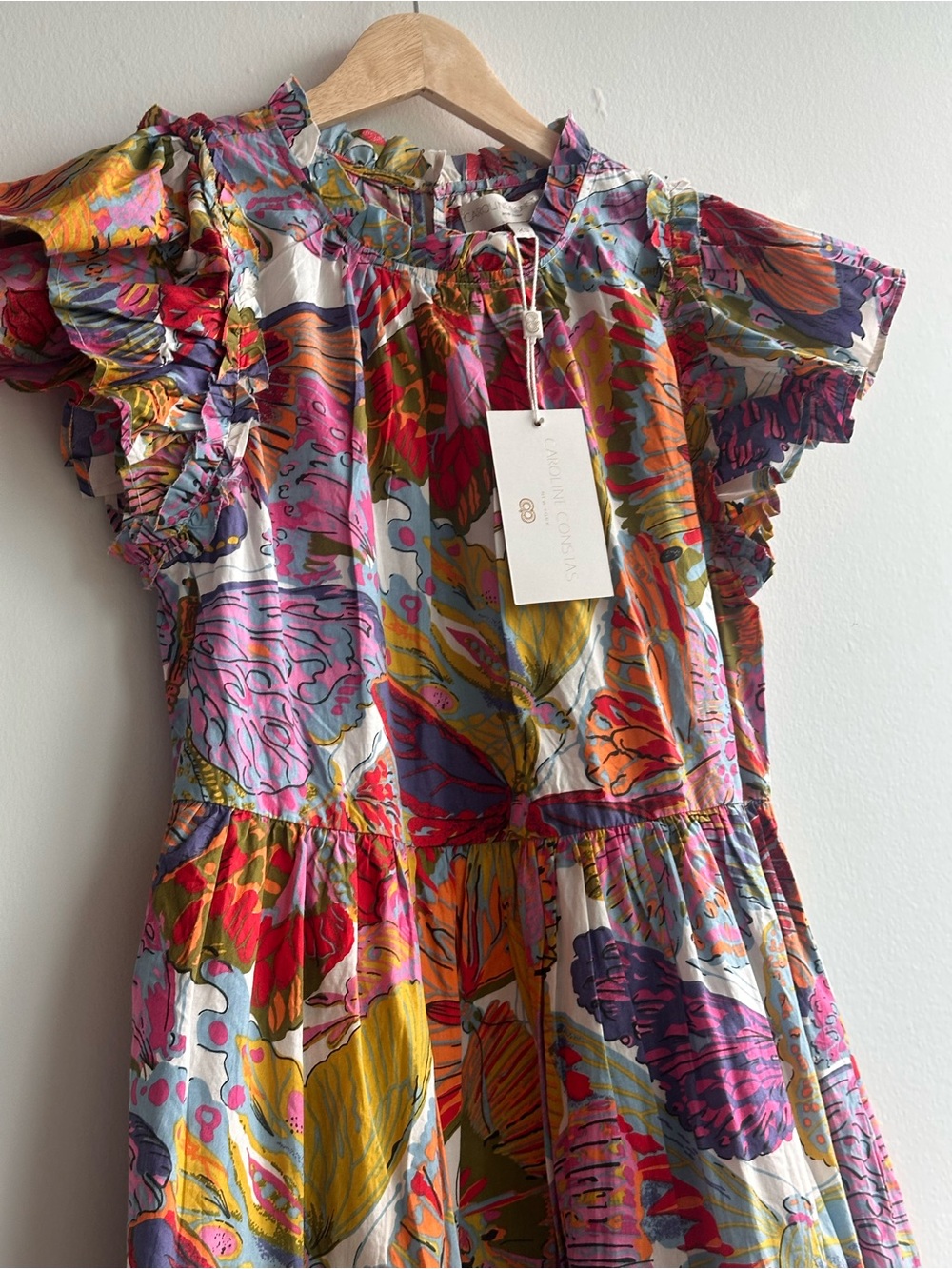 100% Cotton NWT Caroline Constas Multicolor Butterfly Print Ruffle Dress